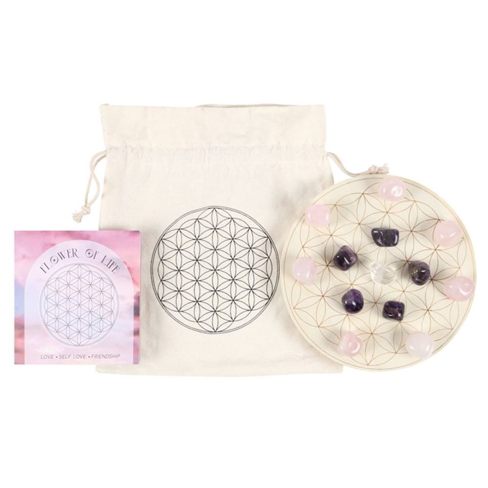 Flower of Life Crystal Grid Set, a sacred geometry-inspired kit featuring a wooden Flower of Life grid and ethically sourced crystals. Perfect for manifestation, energy amplification, and chakra alignment, this set is ideal for meditation, spiritual rituals, and holistic healing practices. Elevate your energy work with this beautifully designed crystal grid.