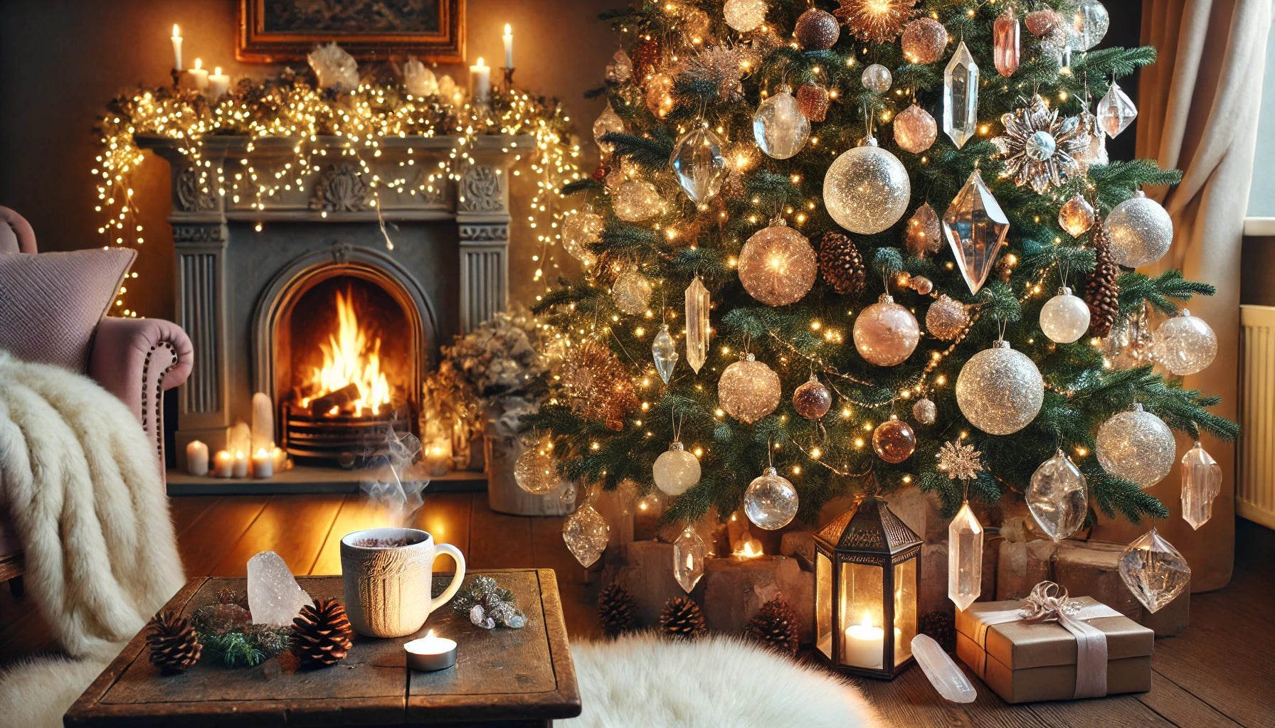 A serene and magical Christmas setting featuring crystal baubles and warm, inviting holiday decor.