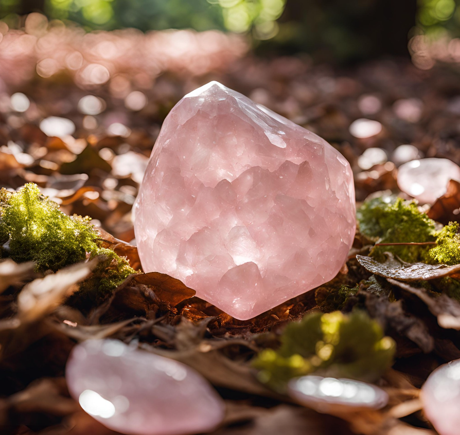 Healing Rose Quartz in a Forest