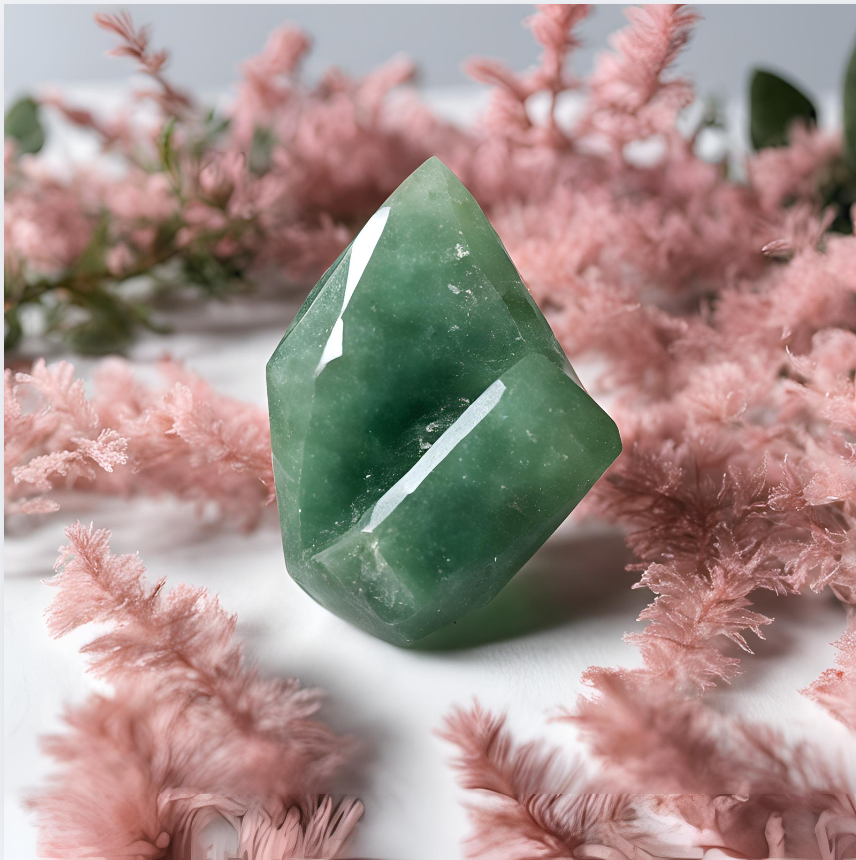 Green Aventurine Crystal with pink leaves around