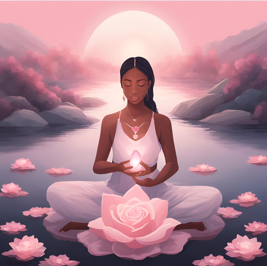 A serene figure in a meditative pose, surrounded by a soft pink glow, holding a rose quartz crystal near their heart. The setting features blooming flowers, gentle sunlight, and a calm water reflection, symbolizing self-love and inner peace.