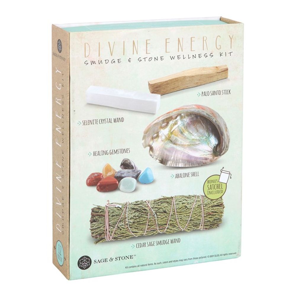 Divine Energy Smudge and Stone Wellness Kit, a holistic cleansing set featuring sustainably sourced sage smudge stick, palo santo, and healing crystals for energy purification, grounding, and spiritual balance. Perfect for meditation, chakra alignment, and clearing negative energy. Elevate your self-care rituals with this thoughtfully curated wellness kit.