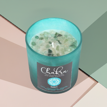 Heart Chakra Mint Crystal Chip Candle, a soothing soy wax candle infused with refreshing mint fragrance and natural crystal chips. Designed to align with the heart chakra, this candle promotes love, compassion, and emotional healing. Perfect for meditation, energy work, and creating a calming, heart-opening atmosphere in your space.