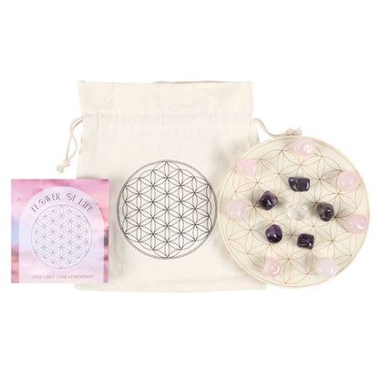 Flower of Life Crystal Grid Set, a sacred geometry-inspired kit featuring a wooden Flower of Life grid and ethically sourced crystals. Perfect for manifestation, energy amplification, and chakra alignment, this set is ideal for meditation, spiritual rituals, and holistic healing practices. Elevate your energy work with this beautifully designed crystal grid.