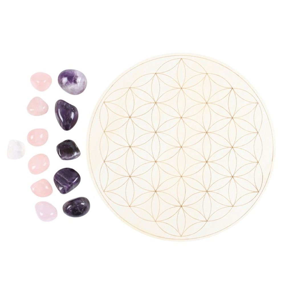 Flower of Life Crystal Grid Set, a sacred geometry-inspired kit featuring a wooden Flower of Life grid and ethically sourced crystals. Perfect for manifestation, energy amplification, and chakra alignment, this set is ideal for meditation, spiritual rituals, and holistic healing practices. Elevate your energy work with this beautifully designed crystal grid.