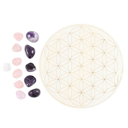 Flower of Life Crystal Grid Set, a sacred geometry-inspired kit featuring a wooden Flower of Life grid and ethically sourced crystals. Perfect for manifestation, energy amplification, and chakra alignment, this set is ideal for meditation, spiritual rituals, and holistic healing practices. Elevate your energy work with this beautifully designed crystal grid.