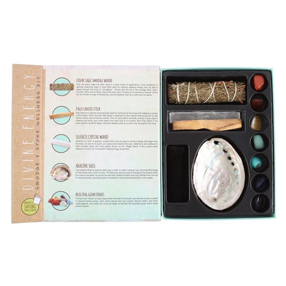 Divine Energy Smudge and Stone Wellness Kit, a holistic cleansing set featuring sustainably sourced sage smudge stick, palo santo, and healing crystals for energy purification, grounding, and spiritual balance. Perfect for meditation, chakra alignment, and clearing negative energy. Elevate your self-care rituals with this thoughtfully curated wellness kit.