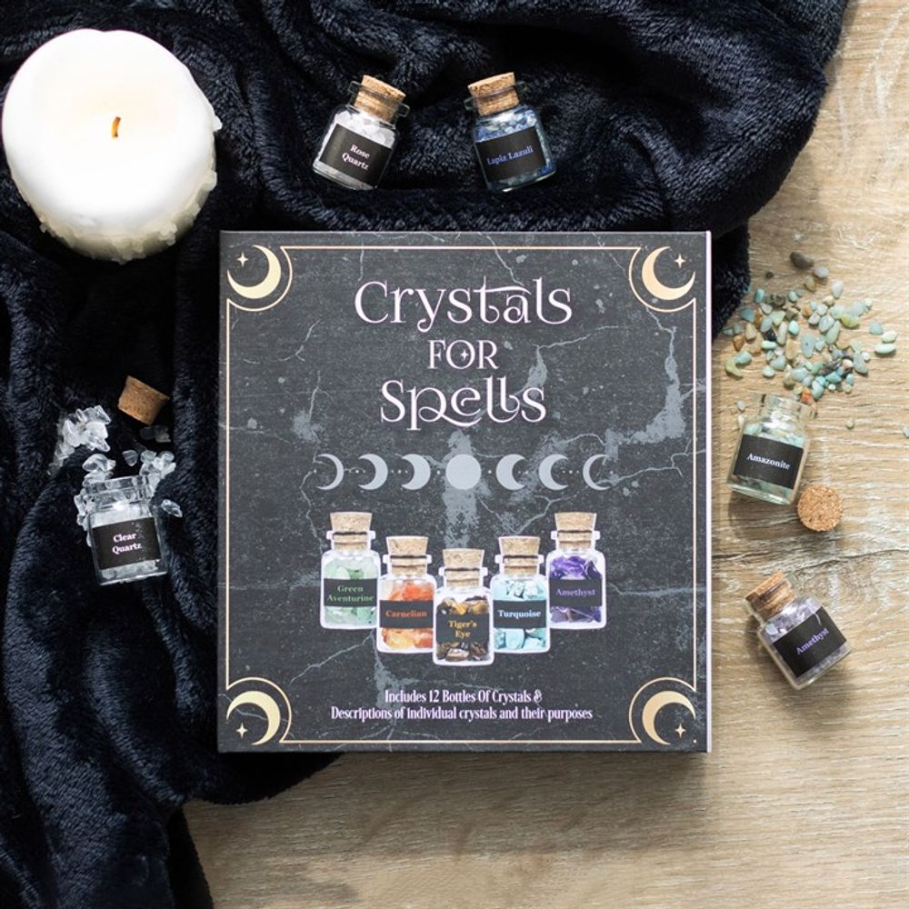 Crystal chip bottle gift set for spells and holistic healing, featuring a selection of ethically sourced crystals ideal for manifestation, energy work, and spiritual rituals. Perfect for beginners and experienced practitioners of crystal healing and spellcasting. Enhance your meditation, chakra balancing, and positive energy practices with this beautifully curated set.