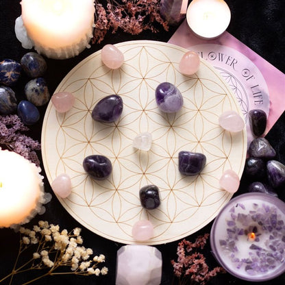 Flower of Life Crystal Grid Set, a sacred geometry-inspired kit featuring a wooden Flower of Life grid and ethically sourced crystals. Perfect for manifestation, energy amplification, and chakra alignment, this set is ideal for meditation, spiritual rituals, and holistic healing practices. Elevate your energy work with this beautifully designed crystal grid.