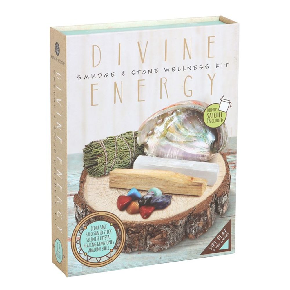 Divine Energy Smudge and Stone Wellness Kit, a holistic cleansing set featuring sustainably sourced sage smudge stick, palo santo, and healing crystals for energy purification, grounding, and spiritual balance. Perfect for meditation, chakra alignment, and clearing negative energy. Elevate your self-care rituals with this thoughtfully curated wellness kit.