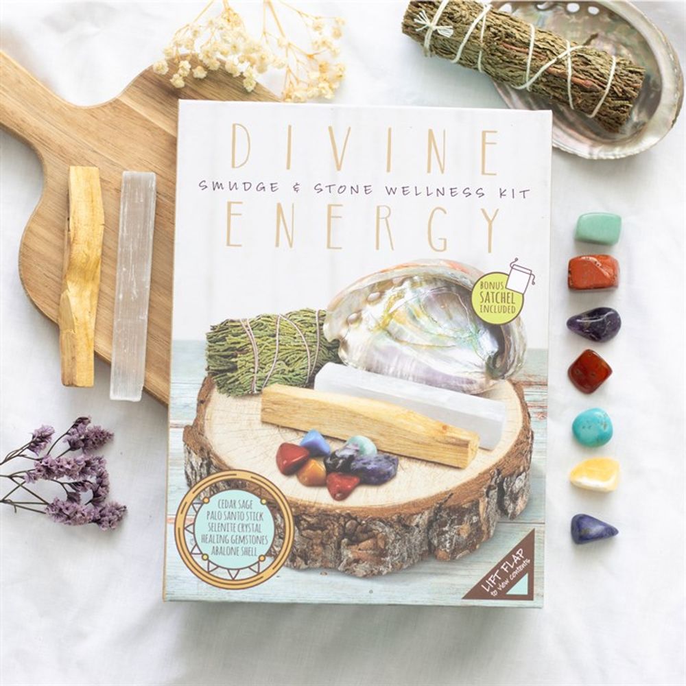 Divine Energy Smudge and Stone Wellness Kit, a holistic cleansing set featuring sustainably sourced sage smudge stick, palo santo, and healing crystals for energy purification, grounding, and spiritual balance. Perfect for meditation, chakra alignment, and clearing negative energy. Elevate your self-care rituals with this thoughtfully curated wellness kit.&quot;